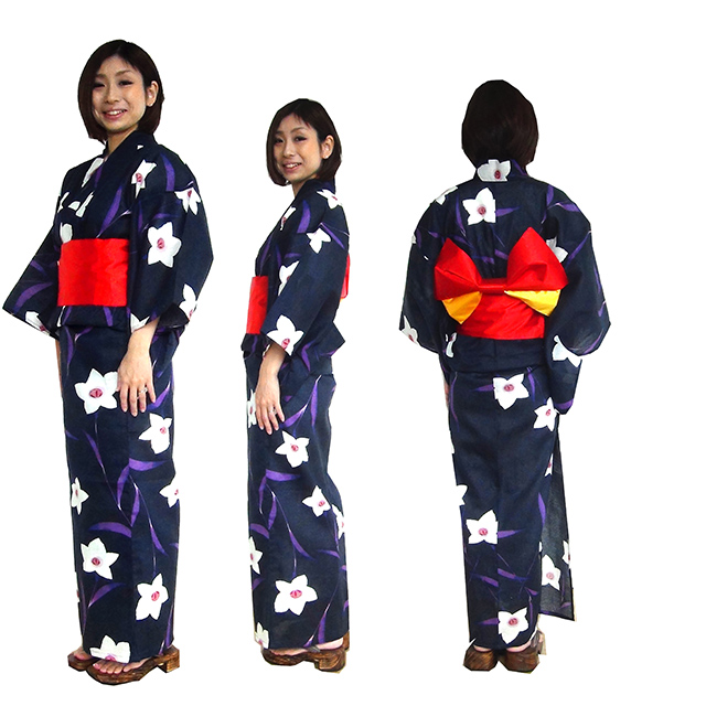 161-1200-t-21、仕立て上がり浴衣,紺地のゆり柄、Women's yukata