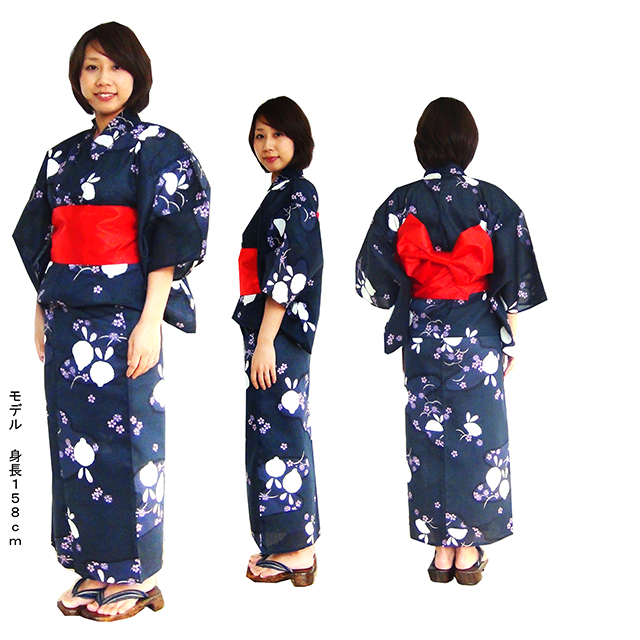 161-1200-t-22、仕立て上がり浴衣,紺地のうさぎ柄、Women's yukata