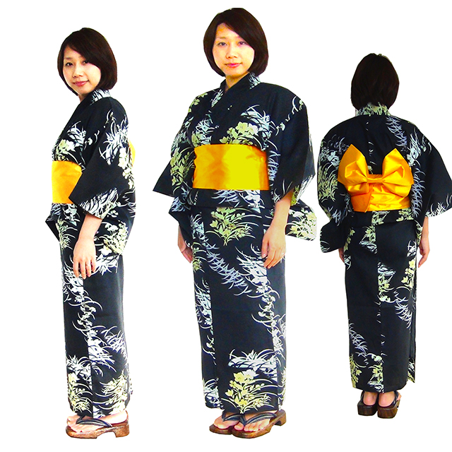 女性用の浴衣、仕立て上がり、黒の桔梗柄、Women's yukata