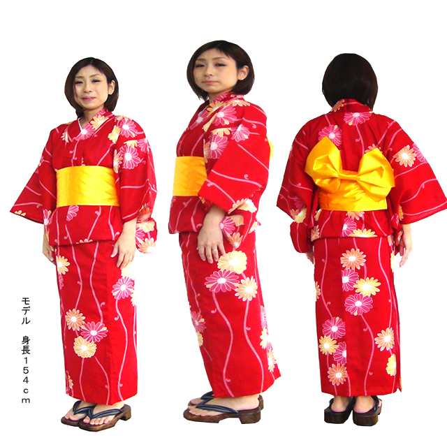 女性用の浴衣、仕立て上がり、赤のマーガレット柄、161-1200-t-5,、Women's yukata