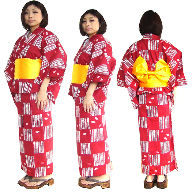 161-1200-t-6,仕立て上がり女性の浴衣、ワイン色の市松桜吹雪柄、Women's yukata