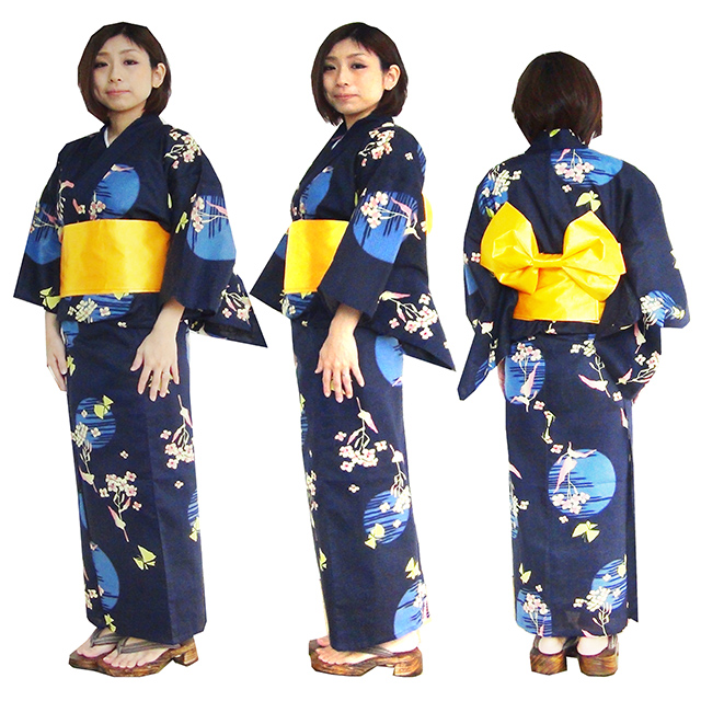 161-1200-t-8,仕立て上がり女性の浴衣、紺の蝶柄、Women's yukata