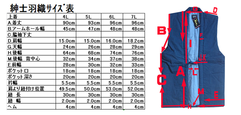刺し子の大きな羽織のサイズ表